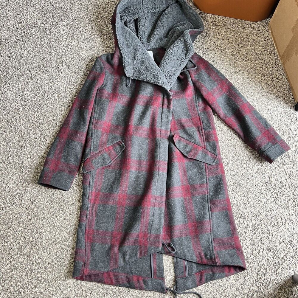 BB Dakota Carrington Red Gray Plaid Draped Coat Jacket Shearling Lined S New
